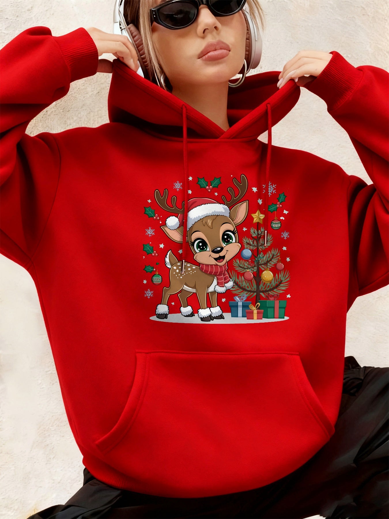 Women'S Christmas Hoodie - Thick Fleece-Lined Winter Sweatshirt with Deer & Snowflakes, Plaid Santa Hat Design, Cozy Casual Pullover for Holiday Party Outfits