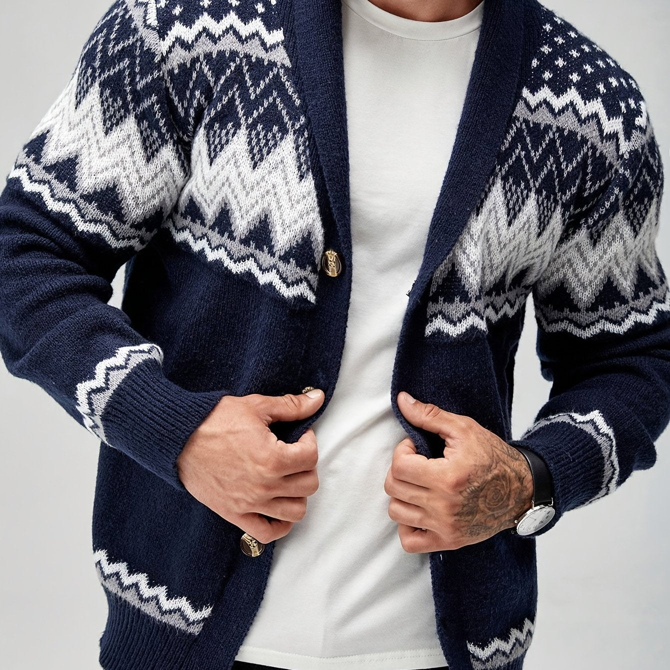 Men's Casual Geometric Pattern Cardigan Sweater - Navy Blue with White and Black Accents, Button-Up Collar, Machine Washable, Polyester for Fall/Winter