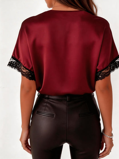 Elegant Black Lace Trim V-Neck Polyester Top