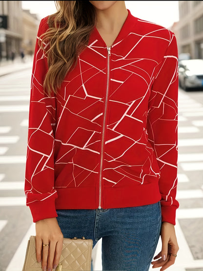 Women's Elegant Black & White Geometric Print Full-Zip Jacket - Casual to Formal Outerwear, Machine Washable Long Sleeve Coat with Full-Zip Front, Relaxed Fit Tapered Hem & Structured Collar for Spring Summer Fall, Casual to