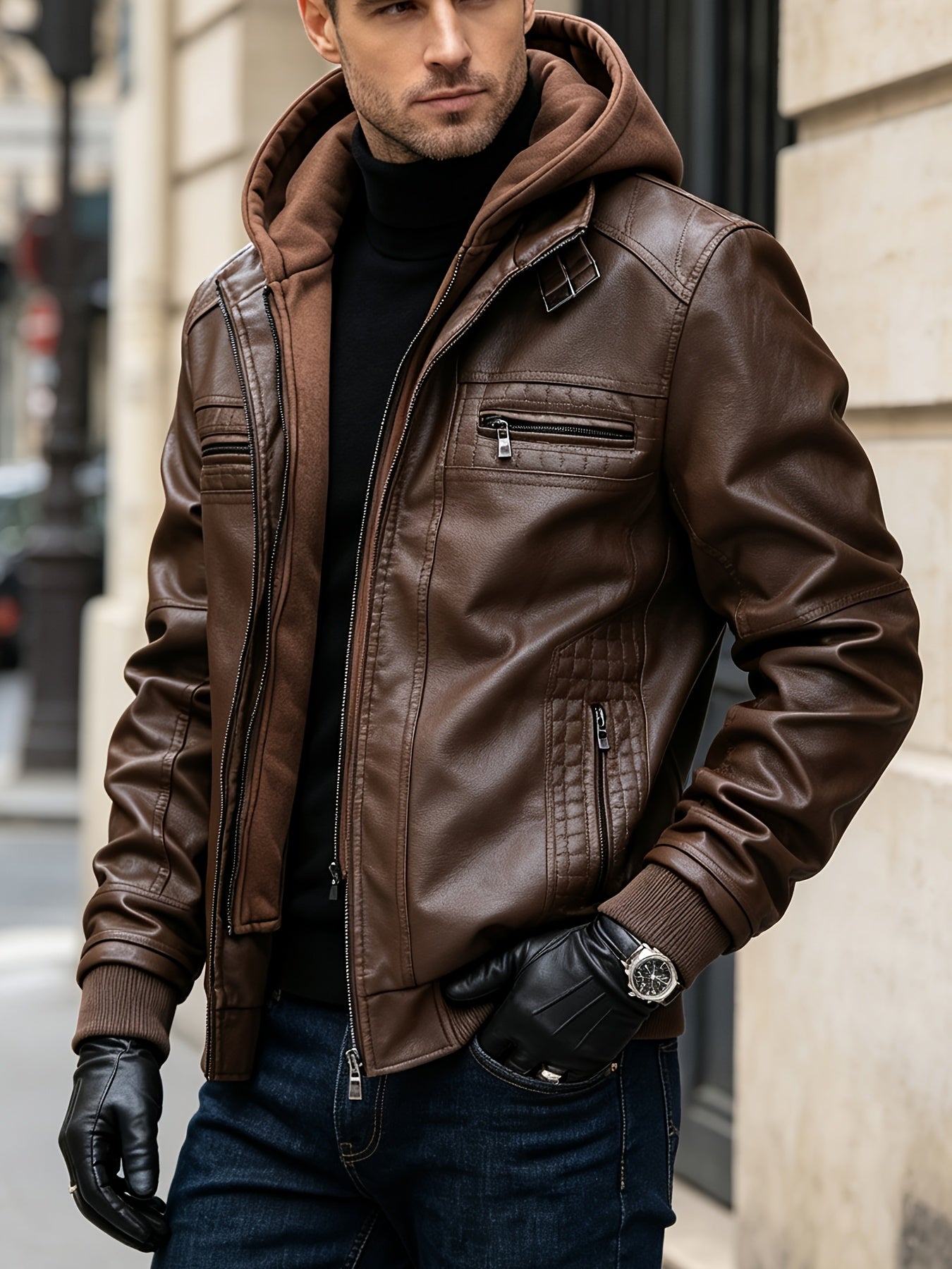 Men's Slim Fit Faux Leather Hooded Jacket for Fall Winter
