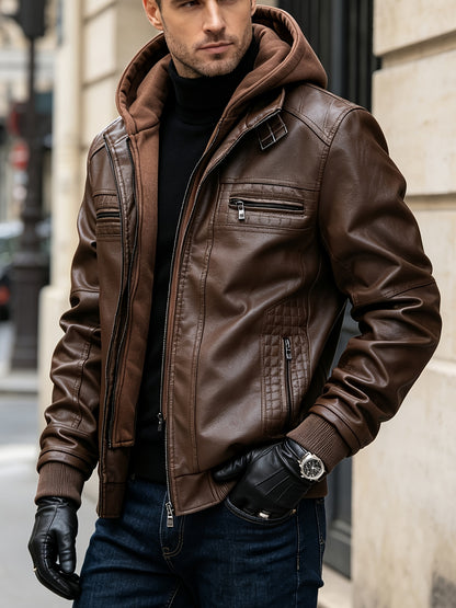 Men's Slim Fit Faux Leather Hooded Jacket for Fall Winter