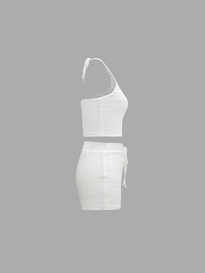 Women's Elegant White Lace Halter Crop Top & Shorts Set