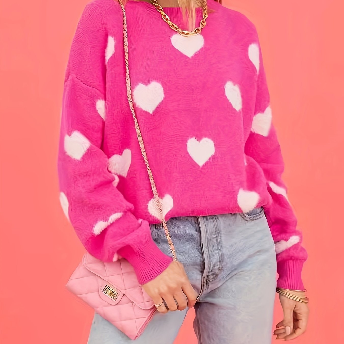 Heart Pattern Crew Neck Sweater, Casual Long Sleeve Sweater For Fall & Winter, Women's Clothing