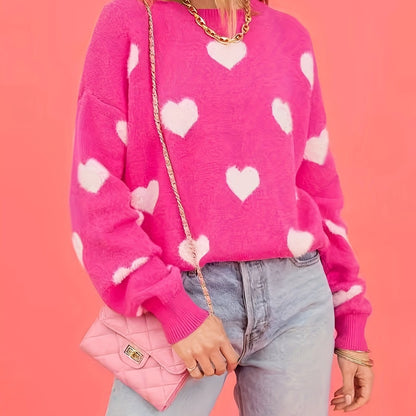 Heart Pattern Crew Neck Sweater, Casual Long Sleeve Sweater For Fall & Winter, Women's Clothing