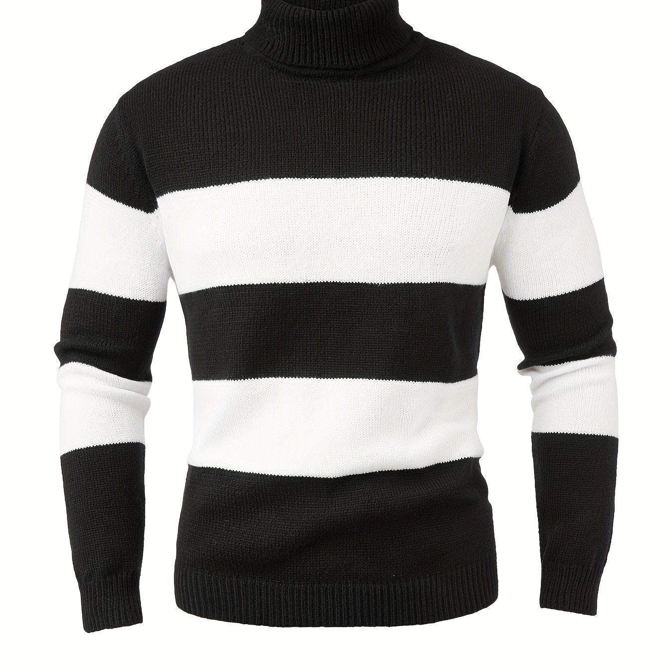 Men'S High-Neck Striped Knit Sweater, Stylish Color-Blocked Pullover for Spring And Autumn - ayq