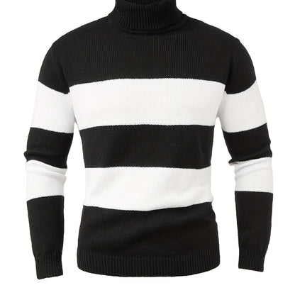 Men'S High-Neck Striped Knit Sweater, Stylish Color-Blocked Pullover for Spring And Autumn - ayq