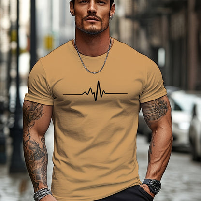 Men'S Brown T-Shirt with ECG Heartbeat Graphic - Casual Streetwear, Short Sleeve, Round Neck, Stretch Fabric, All-Season Comfort, Casual Streetwear Tee   Round Neck Tshirt   Comfortable Fit