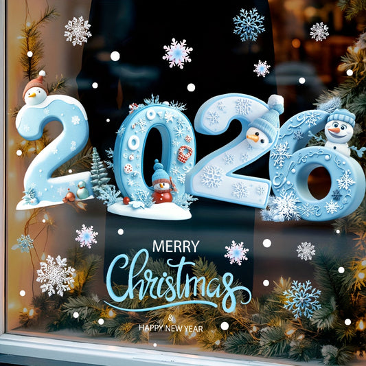2026 Christmas & New Year Glass Stickers - Winter Snowflake & Snowman Self-Adhesive Irregular Shape Glittery Matte Finish with 2026 Number Design,  & White Winter Theme with Penguins, Holly & Snowflakes - One-Time Use for, Do