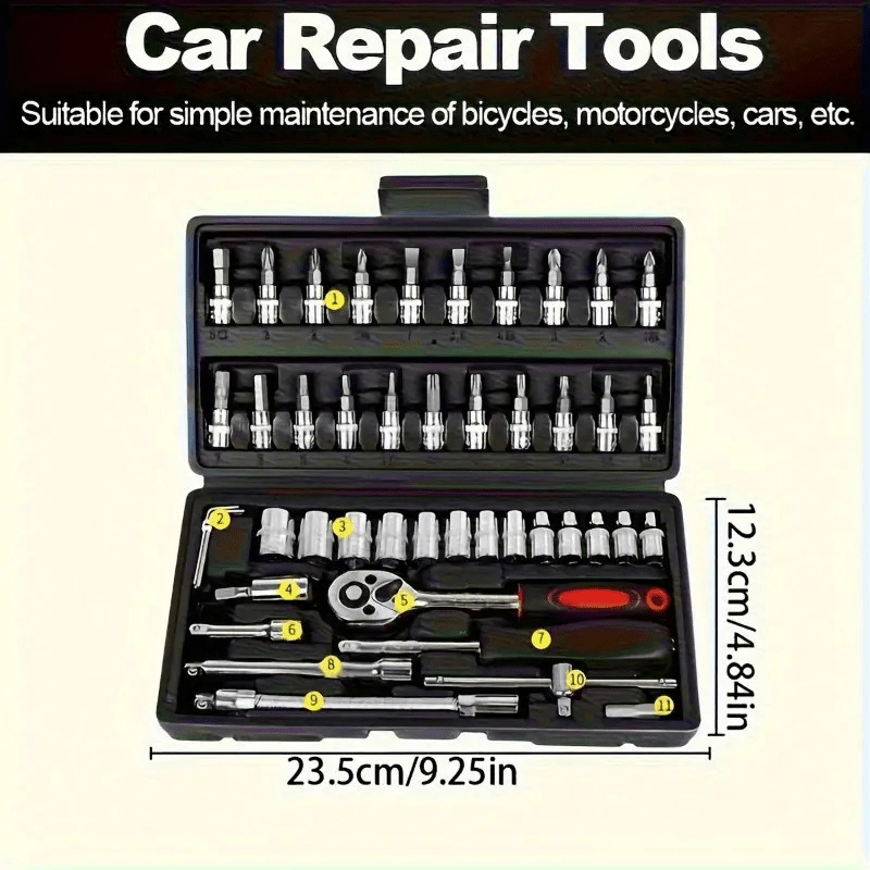 46pcs Heavy-Duty Stainless Steel Tool Set with Precision Ratchet Wrench, Screwdriver Bits & Sockets - All-in-One Mechanic'S Tool Kit with Impact-Resistant, Ergonomic Handle & Storage For Auto, Home