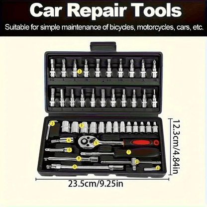 46pcs Heavy-Duty Stainless Steel Tool Set with Precision Ratchet Wrench, Screwdriver Bits & Sockets - All-in-One Mechanic'S Tool Kit with Impact-Resistant, Ergonomic Handle & Storage For Auto, Home
