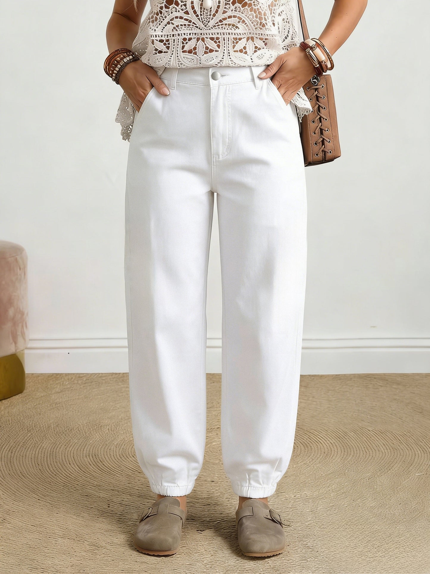 Women’s Stretch White Jogger-Style Denim Pants for All Seasons