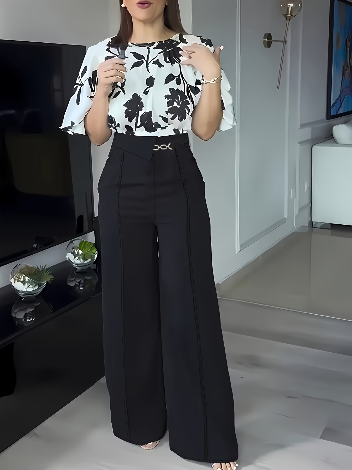 ZD0410952 Women's Printed Spring/Summer Elegant Commuter Casual Shirt 2pcs Set