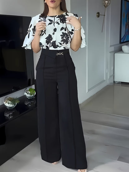 Women's Elegant Floral Print Casual Shirt Set for Spring/Summer
