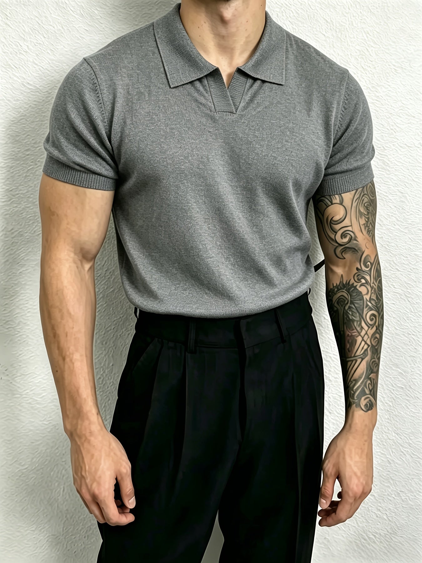 Men's Knit Polo Shirt with Geometric Pattern - Lightweight Summer Styl