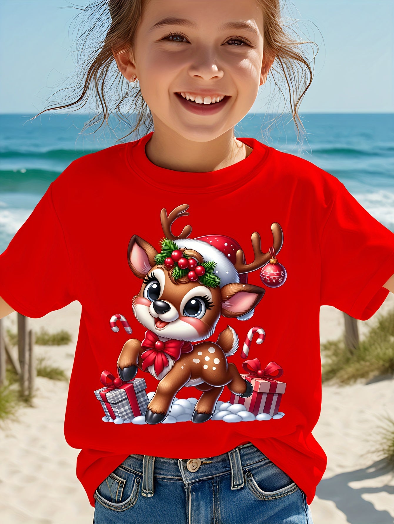 CHICFULL Girls' Red Christmas Deer & Candy Cane Print T-Shirt - Soft Knit Short Sleeve Round Neck Top with Smiling Deer & Holly Bow Design, Machine Washable Winter Party Outfit for Holiday Celebrations, New Year's Eve & Casua