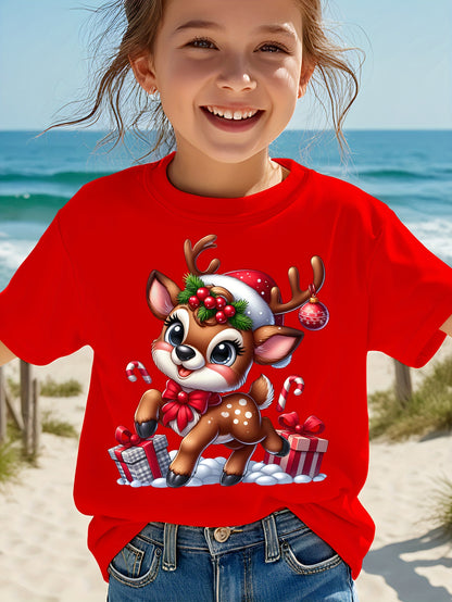 CHICFULL Girls' Red Christmas Deer & Candy Cane Print T-Shirt - Soft Knit Short Sleeve Round Neck Top with Smiling Deer & Holly Bow Design, Machine Washable Winter Party Outfit for Holiday Celebrations, New Year's Eve & Casua