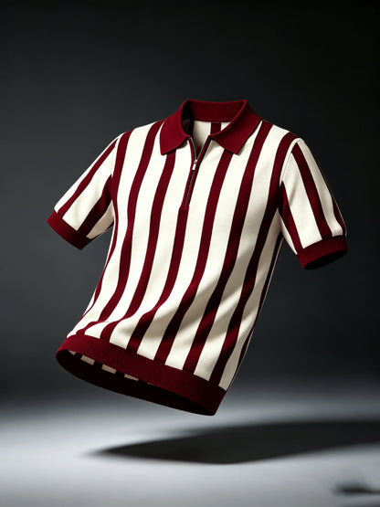 Men's Slim Fit Vertical Stripe Knit Polo with Half-Zip Collar