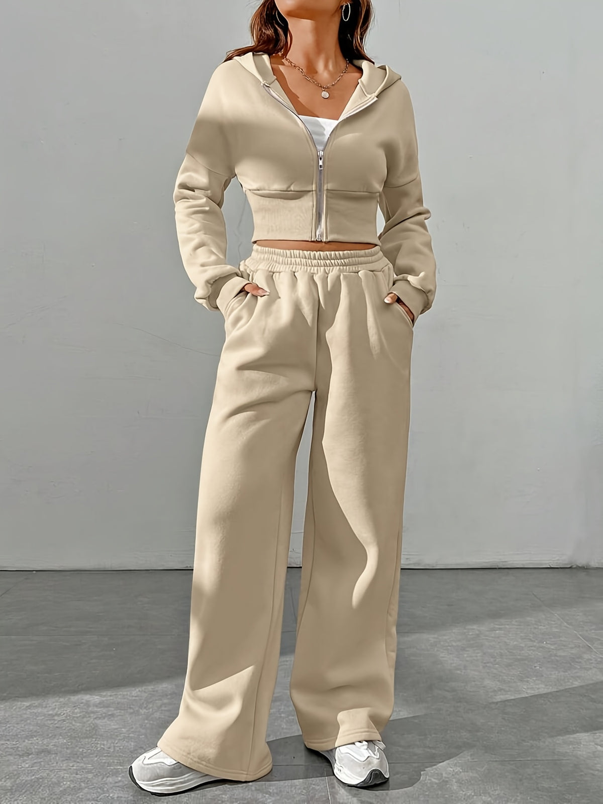 Women's Casual 2-Piece Polyester Hoodie and Sweatpants Set - ayq