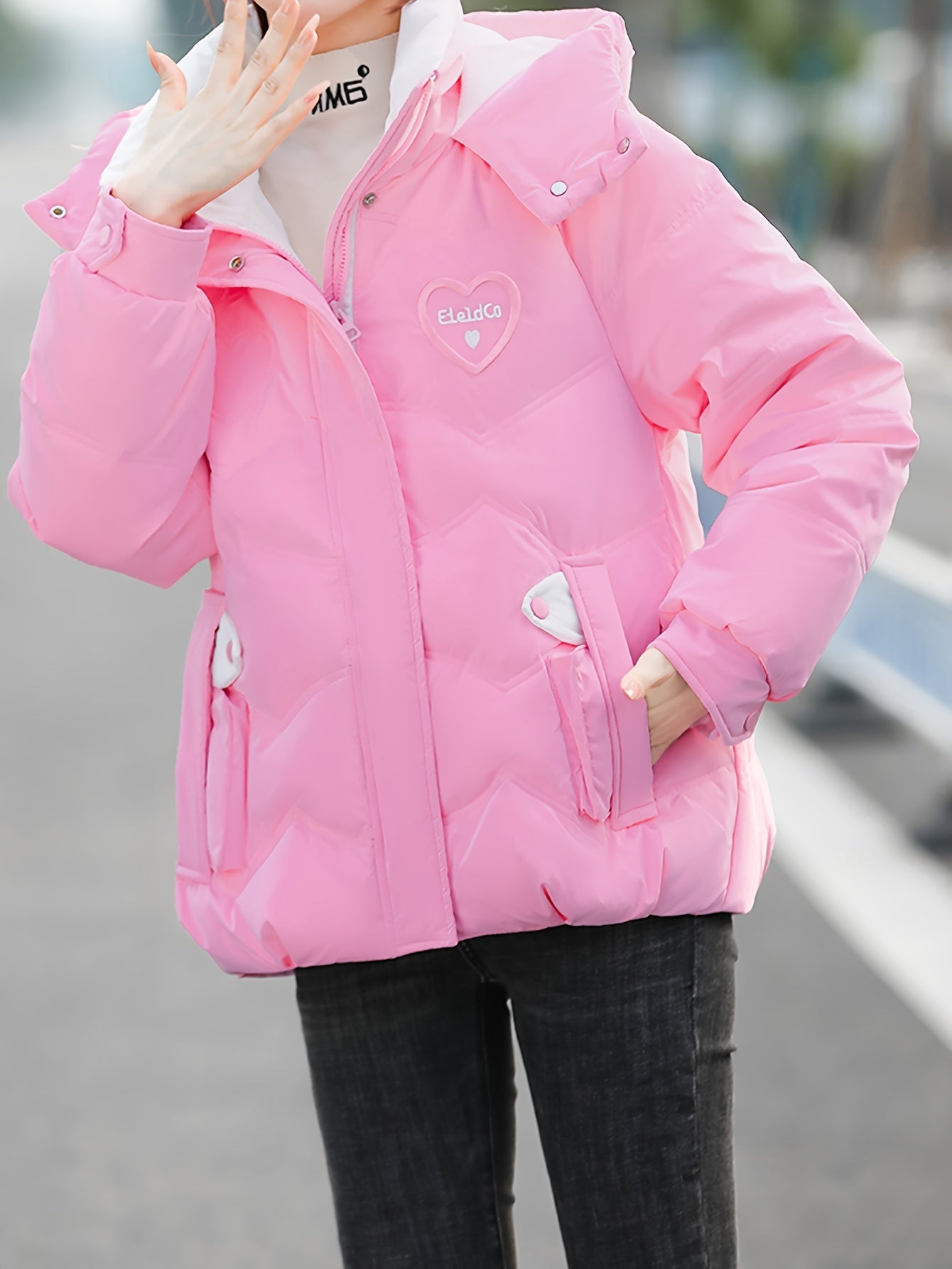 Women's Winter Hooded Jacket - Stylish Beige & White Zip-Up Coat with Heart Design, Warm Polyester Outerwear for Casual or Chic Looks, Winter Jacket