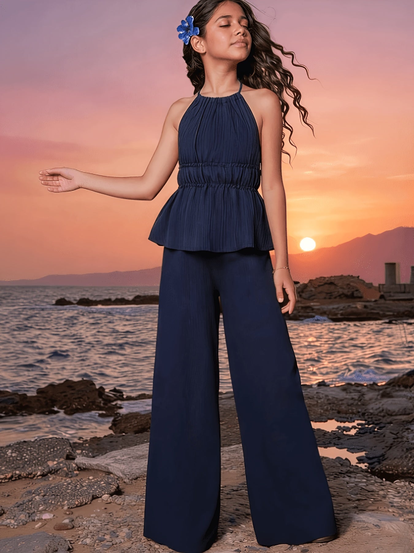 Girls' Summer 2-Piece Set with Tie-Front Top & Wide-Leg Pants