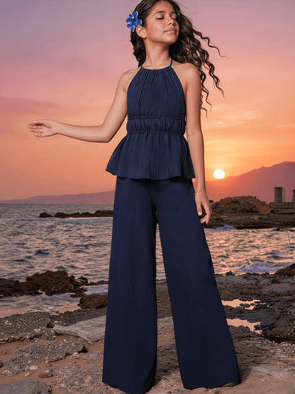 Girls' Summer 2-Piece Set with Tie-Front Top & Wide-Leg Pants