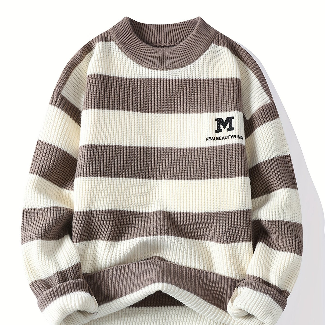Men's 2025 Autumn/Winter Striped Sweater for Youth with Color Block Round Neck Casual Warm Knitwear