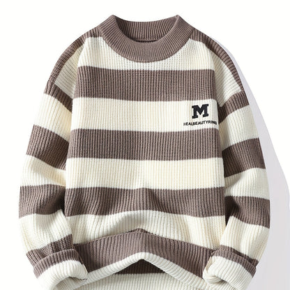 Men's 2025 Autumn/Winter Striped Sweater for Youth with Color Block Round Neck Casual Warm Knitwear