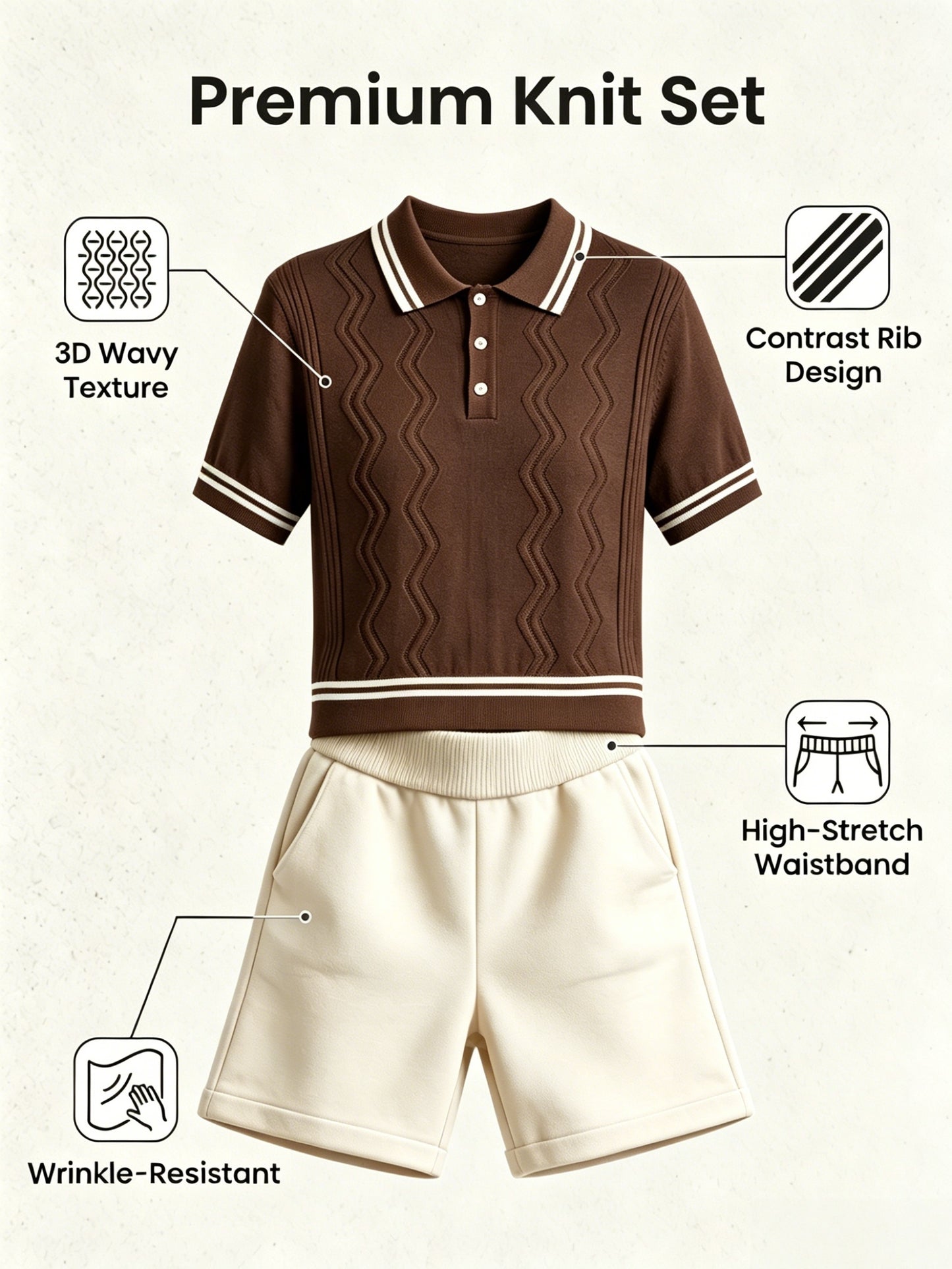 Men's Vintage Knit Polo & Shorts Set with Contrast Trim