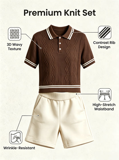 Men's Vintage Knit Polo & Shorts Set with Contrast Trim