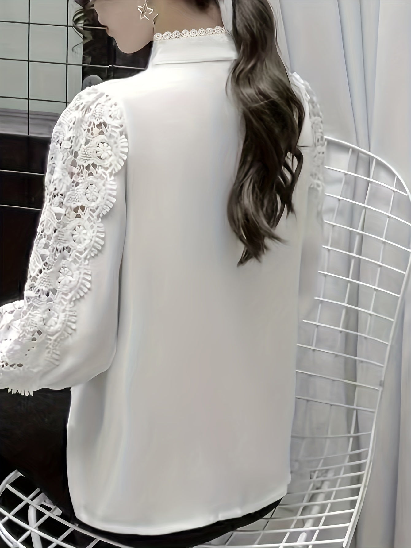 Solid Contrast Lace Blouse, Elegant Mandarin Collar Long Sleeve Blouse, Women's Clothing