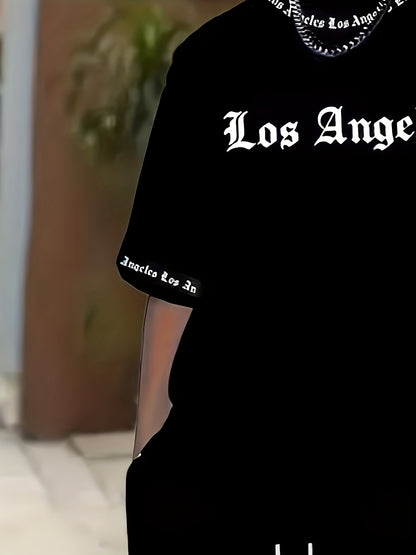 Los Angeles English Pattern Men's Short Sleeve Shirt + Casual Sport Set, Breathable Soft Summer Outfit with Pocketed Shirt and Drawstring Shorts