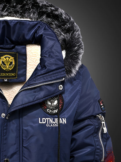 Men'S Heavyweight Winter Jacket with Detachable Hood & 3D Lettering - Full-Zip Windproof Coat, Multi-Pocket Design, Machine Washable