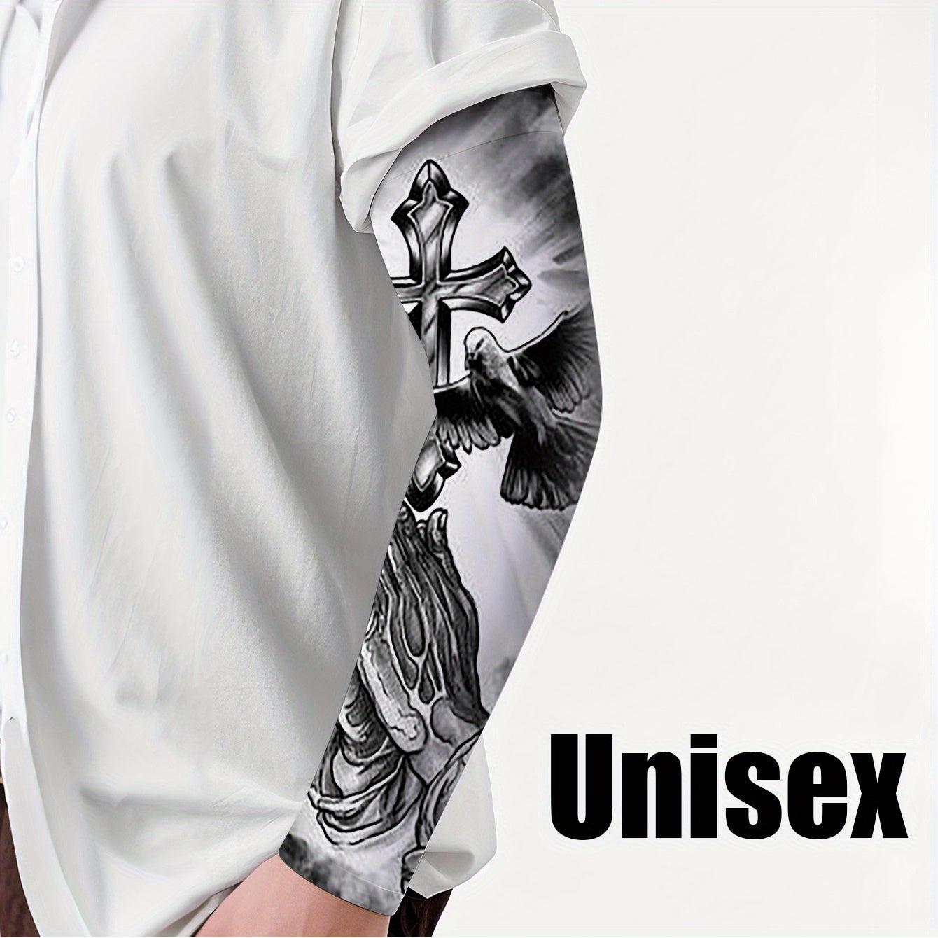 Unisex Tattoo Sleeve with Praying Hands and Dove Design
