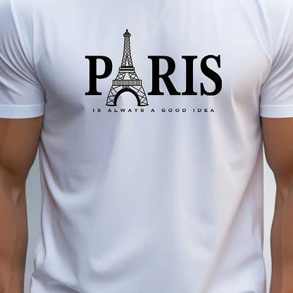 Men's Retro Paris Eiffel Tower  Letter Print T-Shirt - Breathable Polyester Casual Short Sleeve Round Neck Tee, Machine Washable Summer Top for Casual Attire, Leisure Outfit, Comfortable Fit Shirt