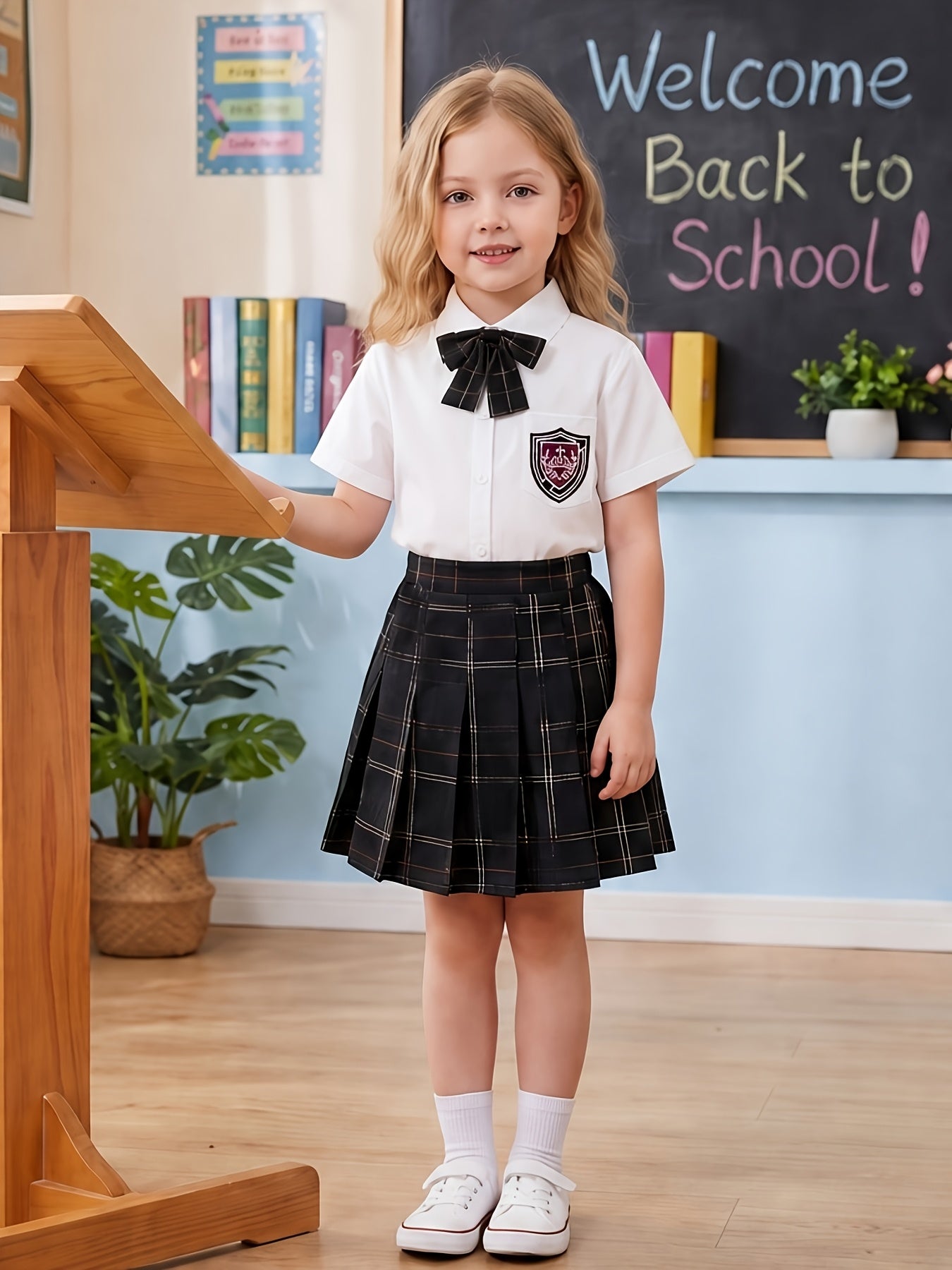 Girls' Preppy JK Style Plaid Set with Bow Tie & Pleated Skirt