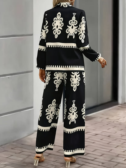 Women'S Stylish Black and White Paisley Print Two-Piece Set - Square Neck, Button-Up Blazer with Matching Pants, Perfect for Spring/Summer, Casual Attire|Paisley Print|Square Neckline, Pants Piece