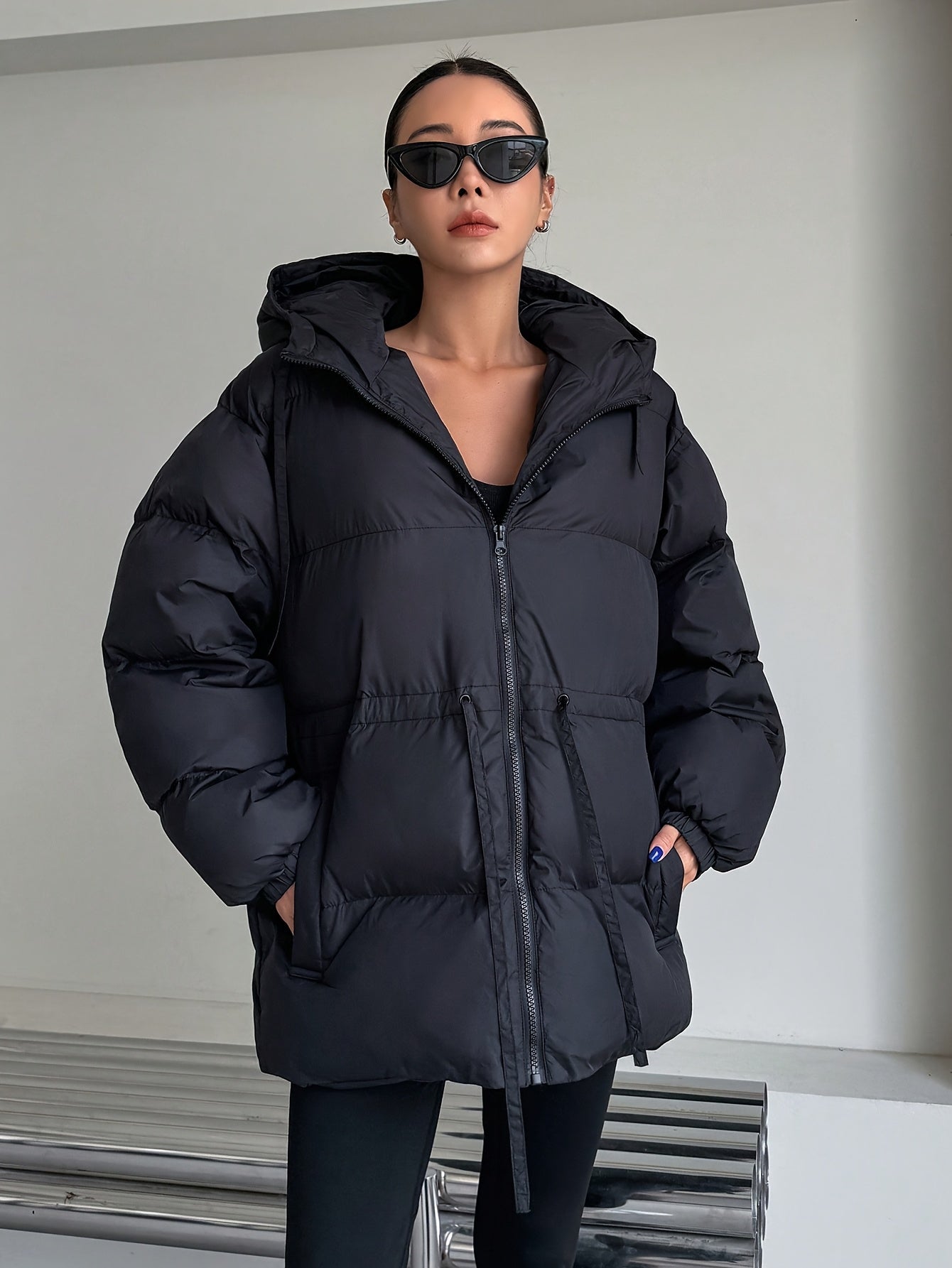 Women's Elegant Winter Jacket with Hood - Full-Zip Front Closure, Loose-Fit Long Sleeve Coat, Black Outerwear for Cold Weather, Hand Washable & Structured Design (No Belt) - Casual to Professional Outer Layer