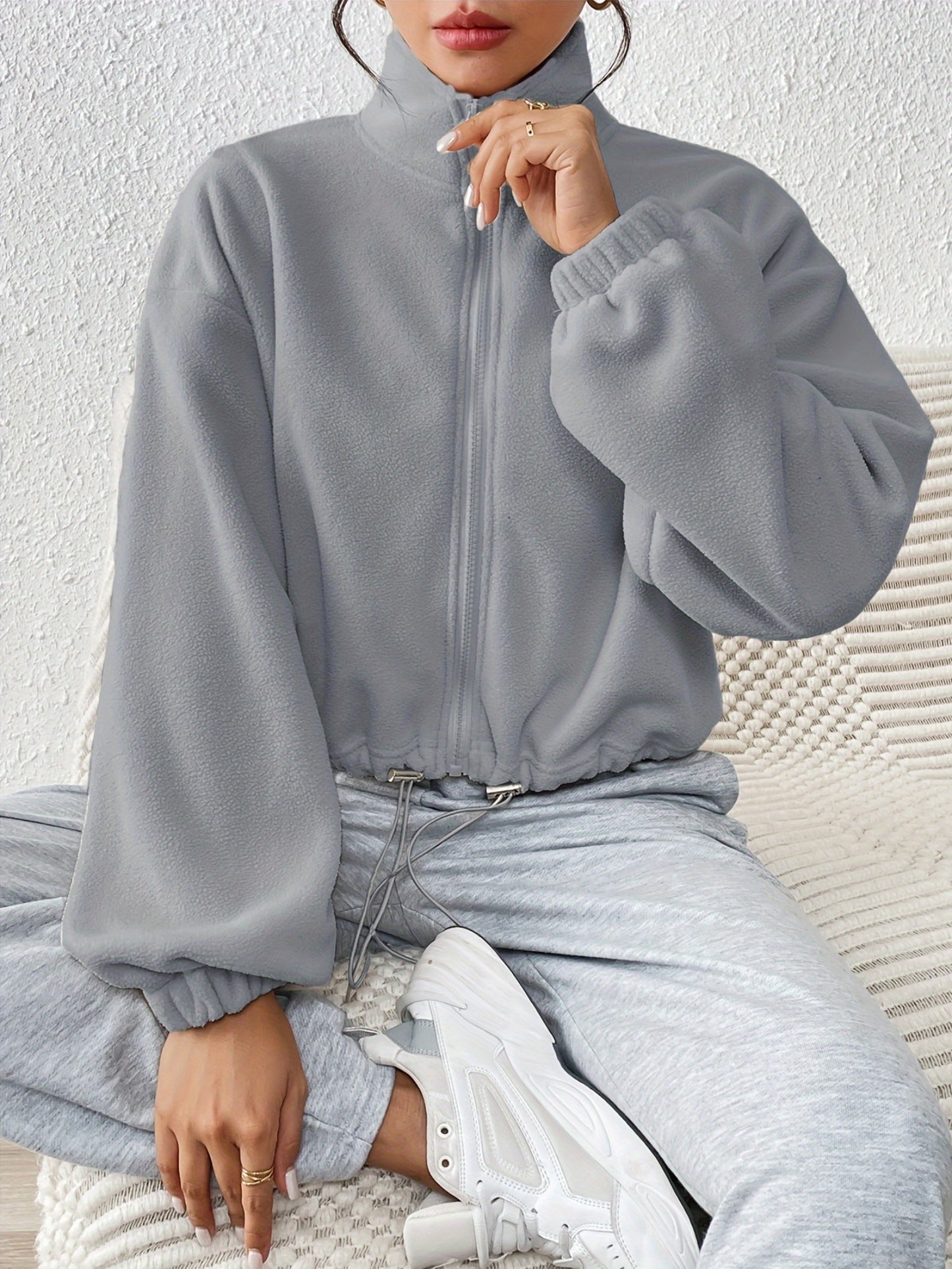 Women'S Casual Zippered Front Drawstring Hem Jacket - High-Neck Long Sleeve with Pockets, All-Season Comfort, Machine Washable, Versatile for Casual Attire, Casual Wear Jacket | Highneck Jacket | Zippered Jacket