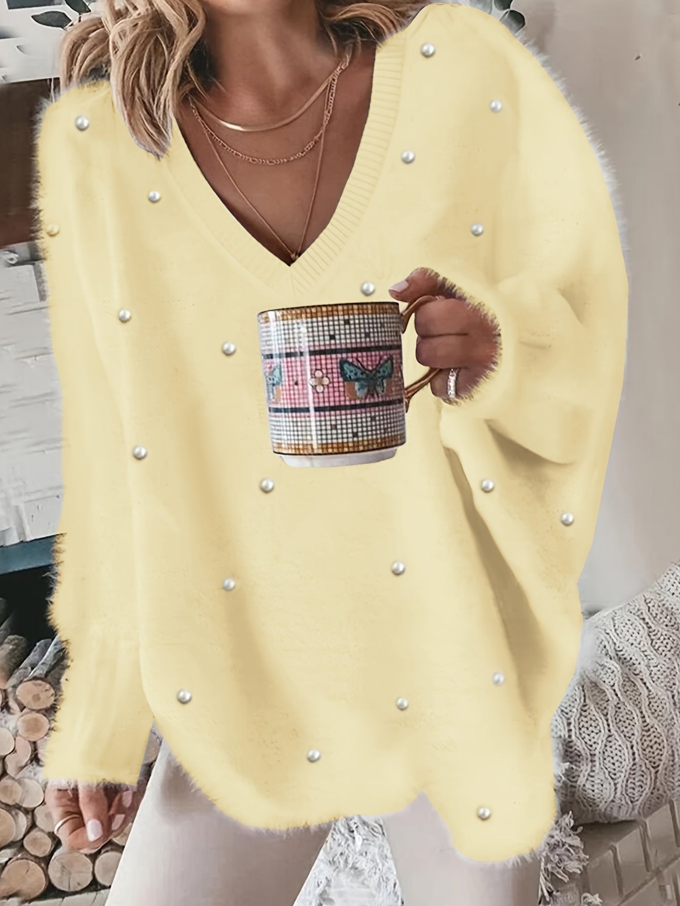 Plus Size - Women'S Cozy Yellow V-Neck Sweater with Pearl Buttons & Fleece-Lined Cuffs - Asymmetrical Hem, Geometric Pattern, Casual Winter Pullover for Casual Attire, Winter Apparel | Vneck Sweater | Pearl Button Details, Sw