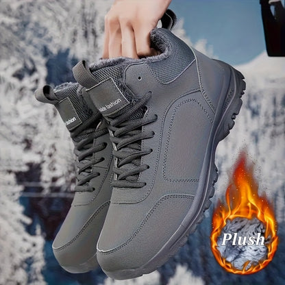Men'S Mid-Top Winter Snow Boots - Lightweight, Non-Slip, Warm Plush Lining, Durable MD Sole, Black Workwear & Street Style for Outdoor Sports, Hiking, and Daily Leisure, Winter Boots, Hiking Footwear, Sleek Boot Design, Flexi