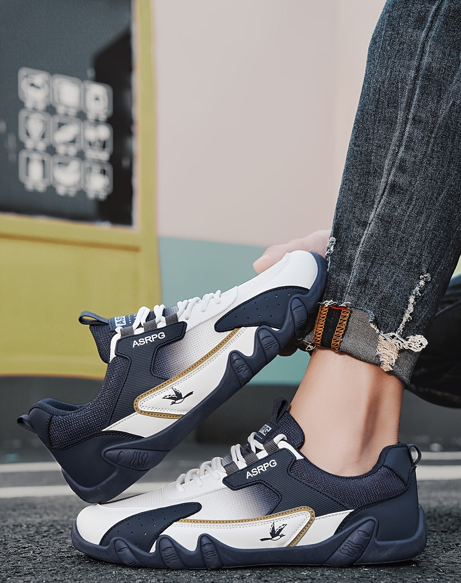 Men's Breathable Low-Top Casual Sneakers - Sporty Lace-Up Walking Shoes with Navy/White/Golden Accents, All-Season Outdoor  Everyday Comfort, Durable Fabric Upper  PVC Sole, Comfortable Footwear, Sleek Shoe Design, Lightwei