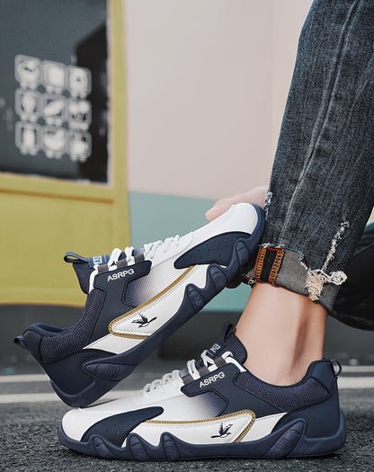 Men's Breathable Low-Top Casual Sneakers - Sporty Lace-Up Walking Shoes with Navy/White/Golden Accents, All-Season Outdoor  Everyday Comfort, Durable Fabric Upper  PVC Sole, Comfortable Footwear, Sleek Shoe Design, Lightwei