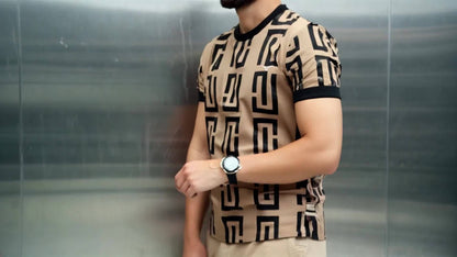 Men's Geometric Print T-Shirt - Stylish Black  Gray Pattern, Short Sleeve, Round Neck, Breathable Fabric, Perfect for Casual or Formal Wear, Versatile Clothing   Modern Look   Comfortable Fit