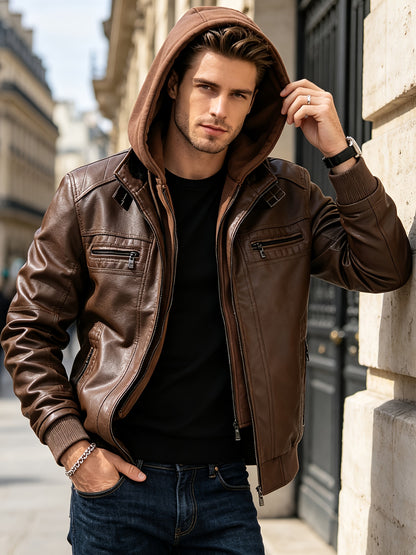 Men's Slim Fit Faux Leather Hooded Jacket for Fall Winter