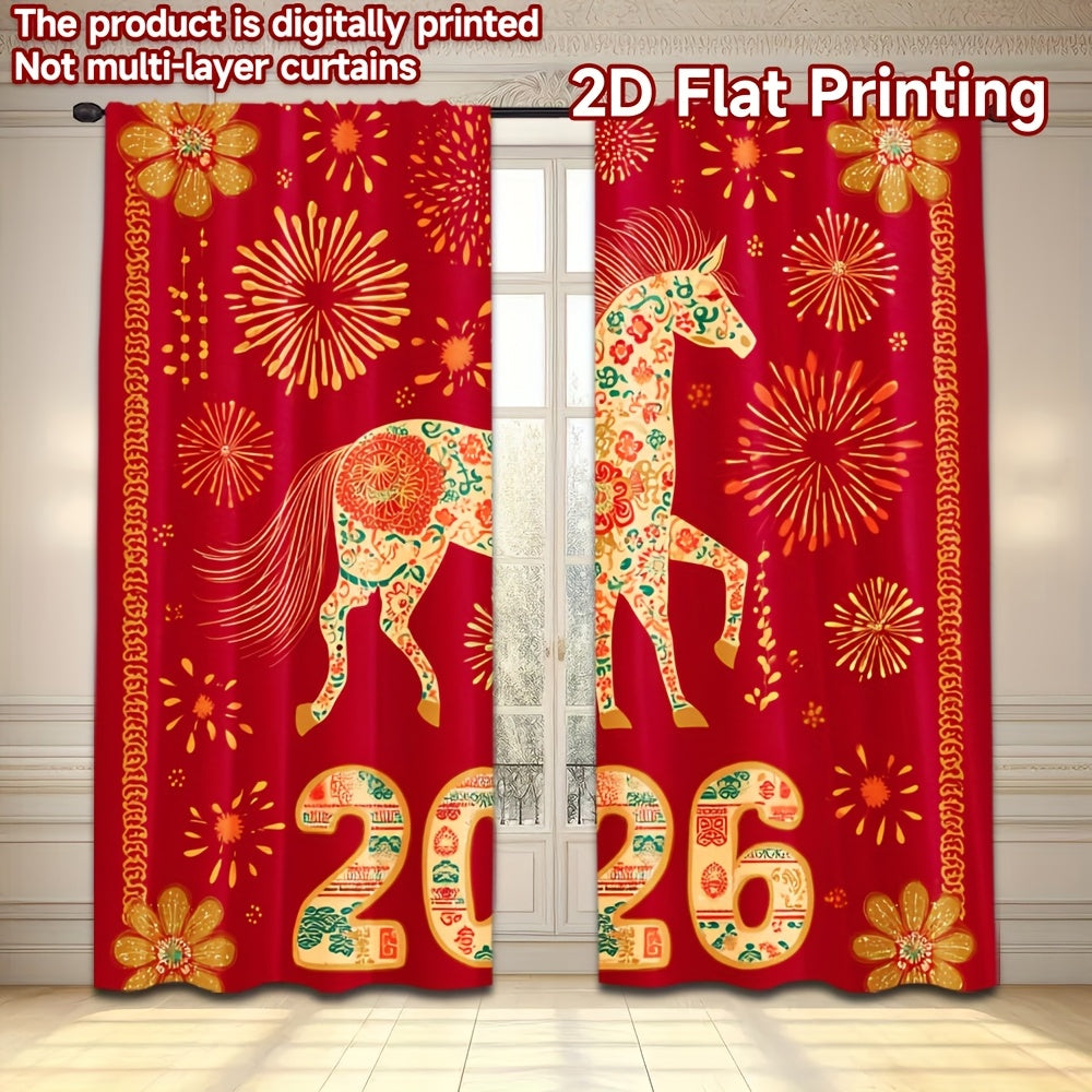2D Flat, 2pcs, 2D Flat Printing New Year atmosphere curtains Festive Horse 2026 Celebration, Polyester, for Bedroom, Study, Living Room, Balcony, Office, Dormitory, Home Decoration, (rod free), 2D Flat, Celebration Setup, Sea
