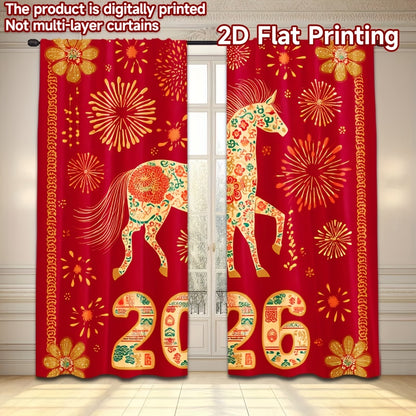 2D Flat, 2pcs, 2D Flat Printing New Year atmosphere curtains Festive Horse 2026 Celebration, Polyester, for Bedroom, Study, Living Room, Balcony, Office, Dormitory, Home Decoration, (rod free), 2D Flat, Celebration Setup, Sea