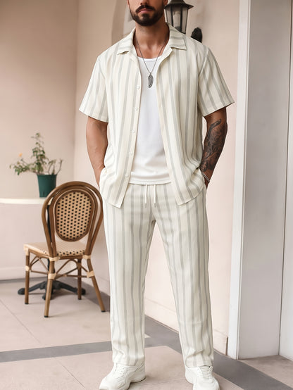 Men's Summer Vertical Stripe Suit Set with Lapel Shirt & Pants