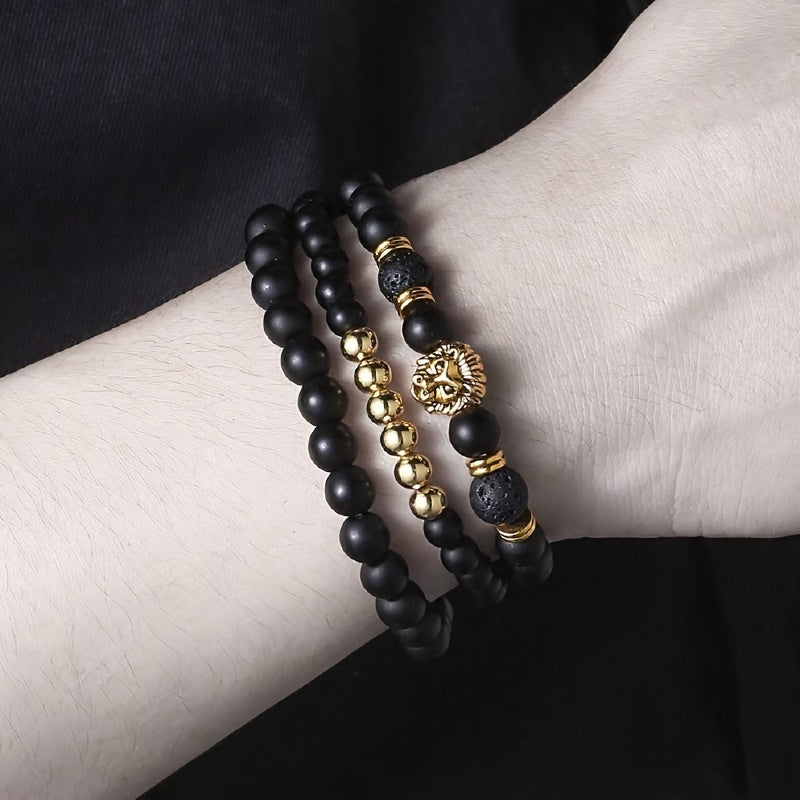 3pcs Retro Punk Style Lion Head Bracelets, Men's Stretchy Beaded Bracelets Set