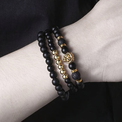 3pcs Retro Punk Style Lion Head Bracelets, Men's Stretchy Beaded Bracelets Set